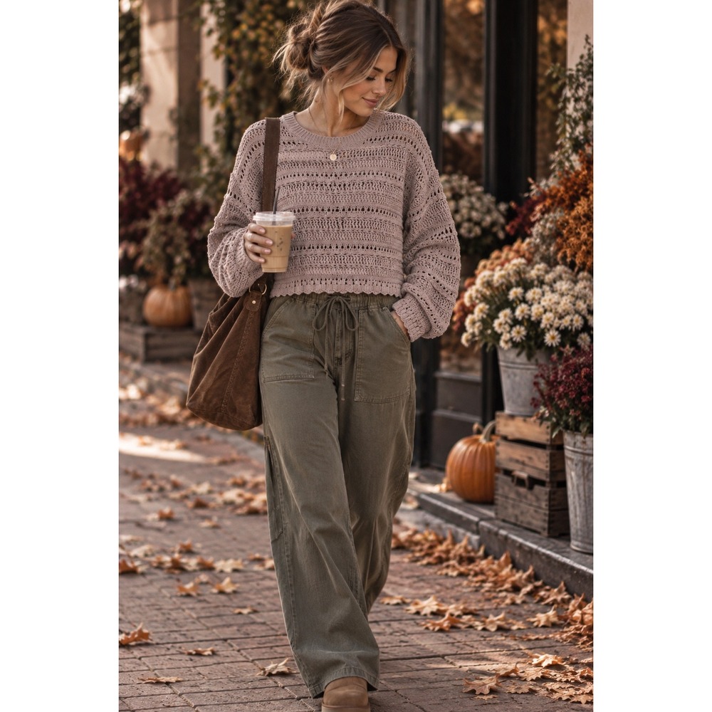 NWT Abercrombie & Fitch Mushroom Tan Crochet Cotton Sweater Scalloped Hem XS